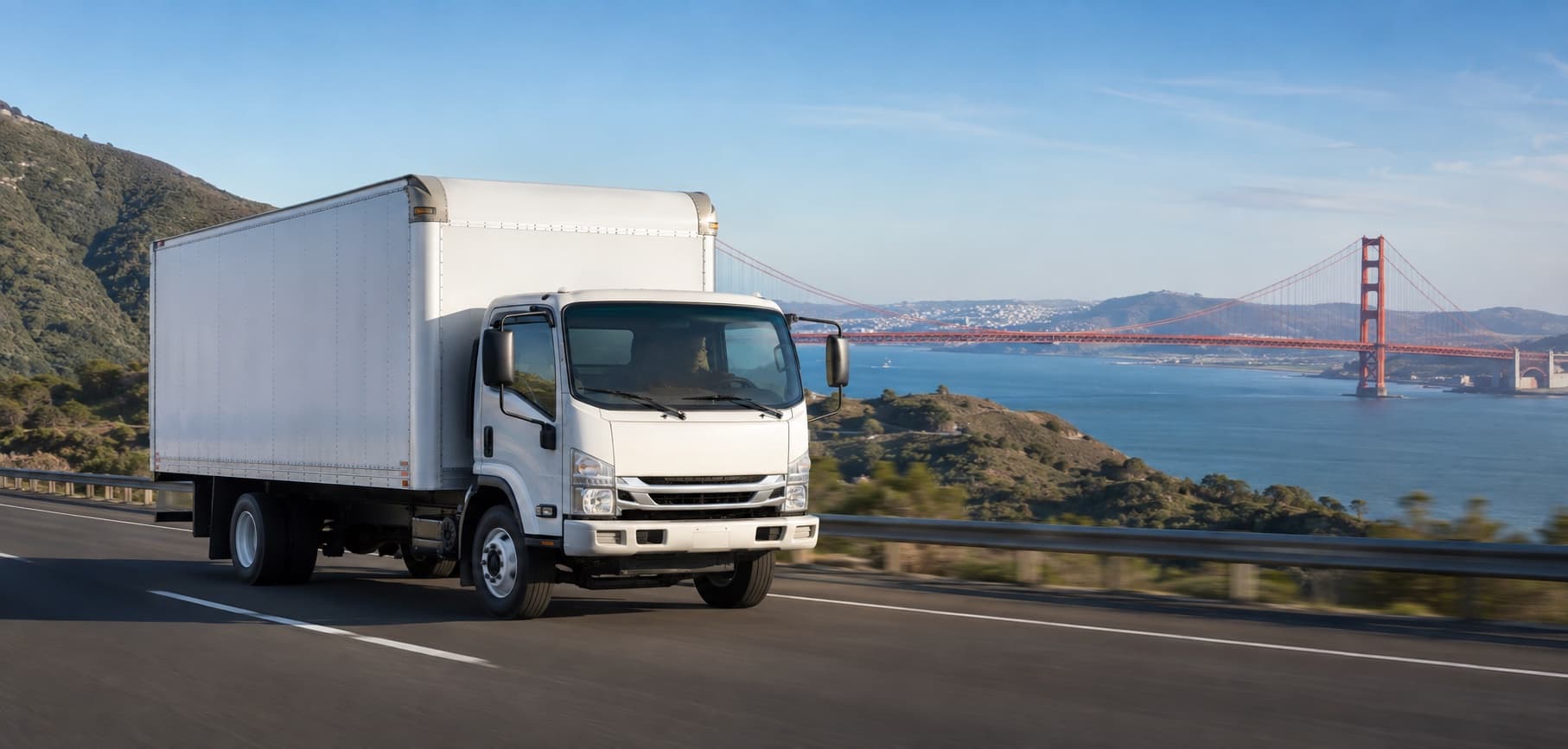 A 26-foot box truck serving California's Bay Area near the Golden Gate Bridge