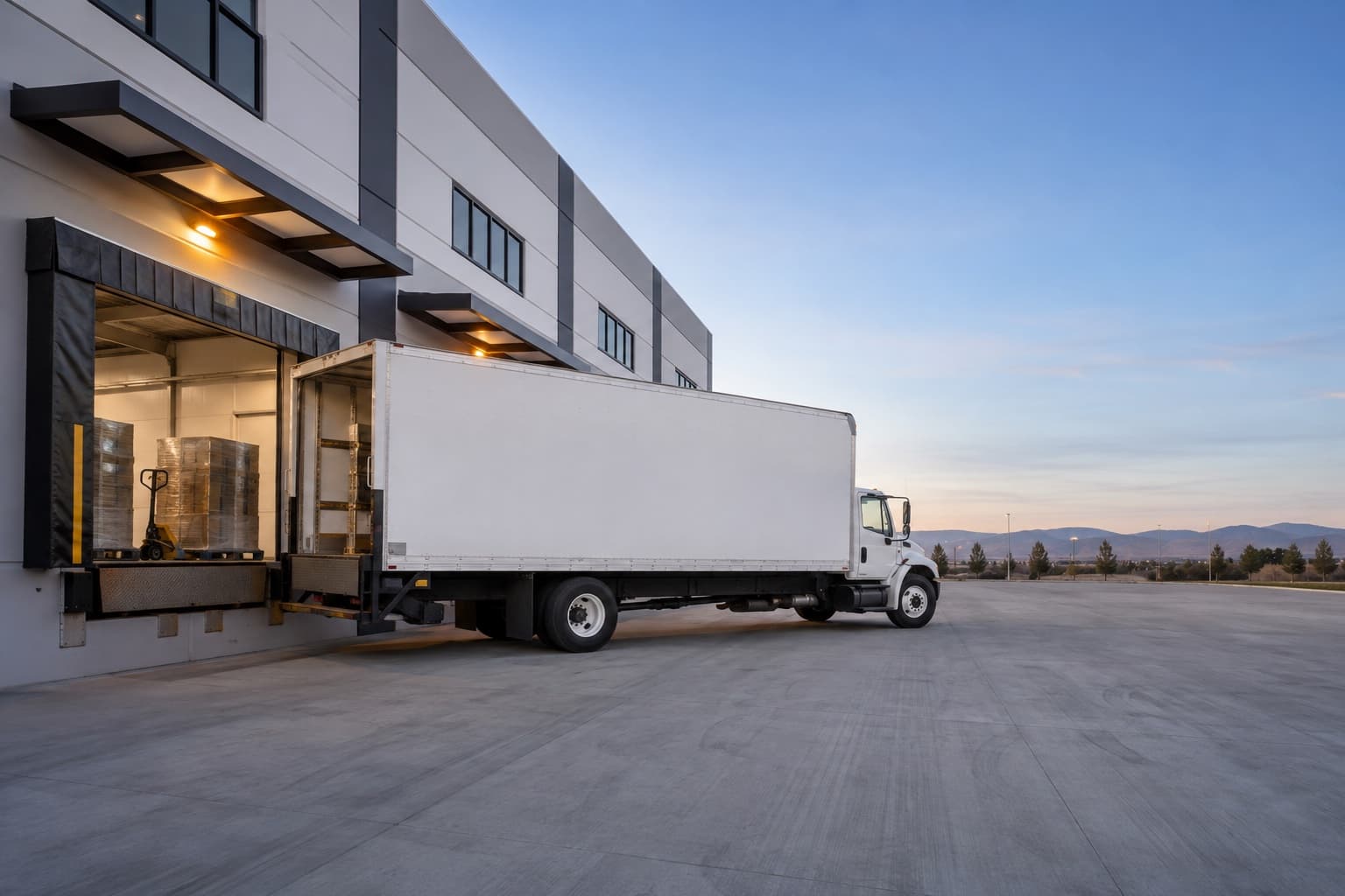 Box truck loading palletized freight at a modern Northern California distribution center